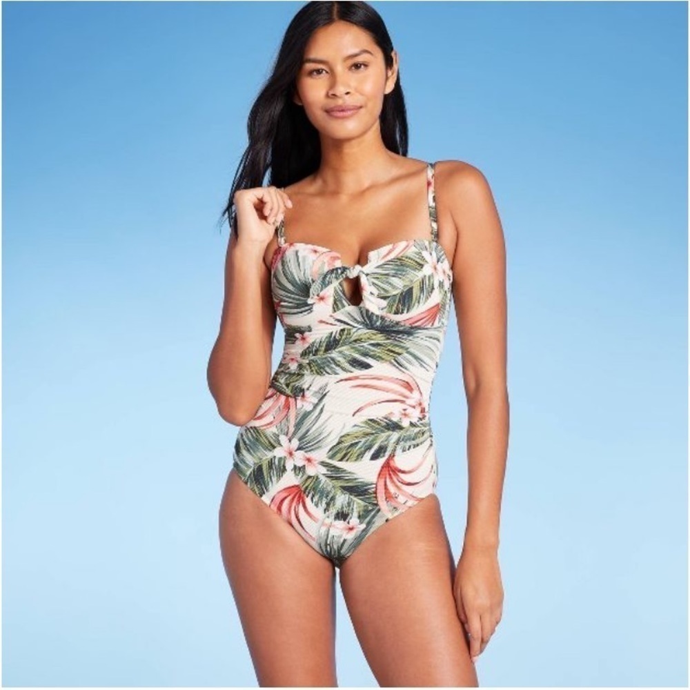 KONA SOL Pique Bandeau High Coverage Tropical Palm One-Piece Swimsuit